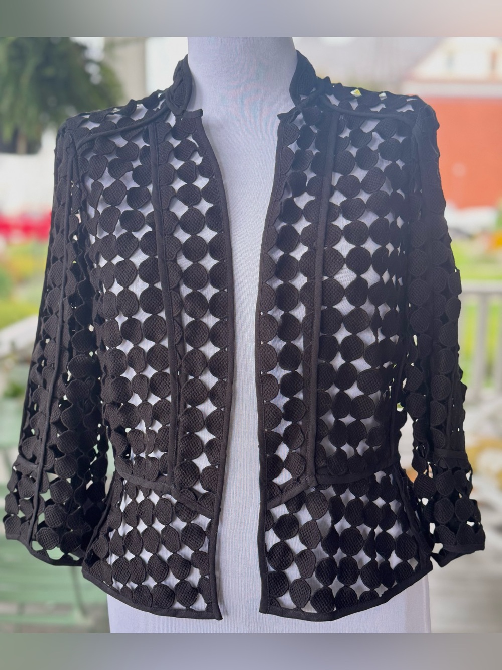 WHBM Black Circle Crochet Open Blazer Jacket Open‑Front Tailored Sz 6